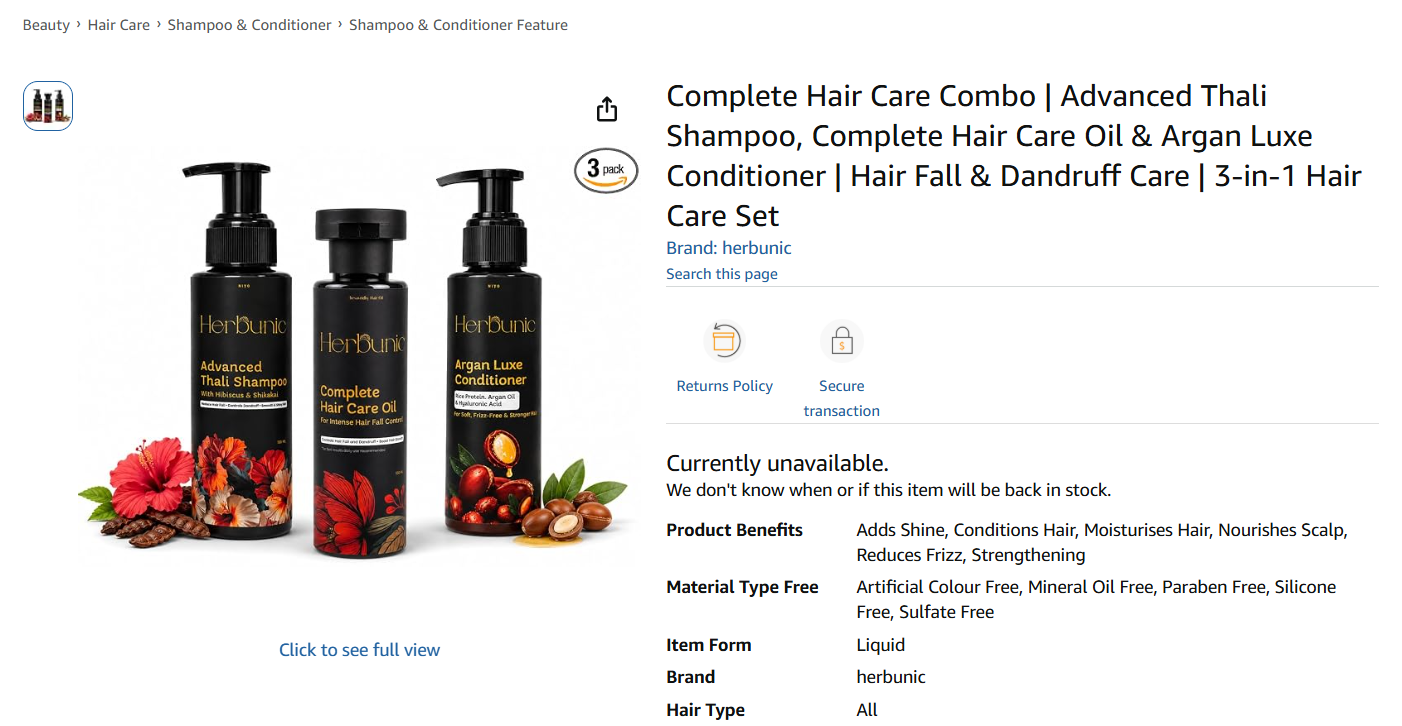 Herbunic hair care combo on Amazon